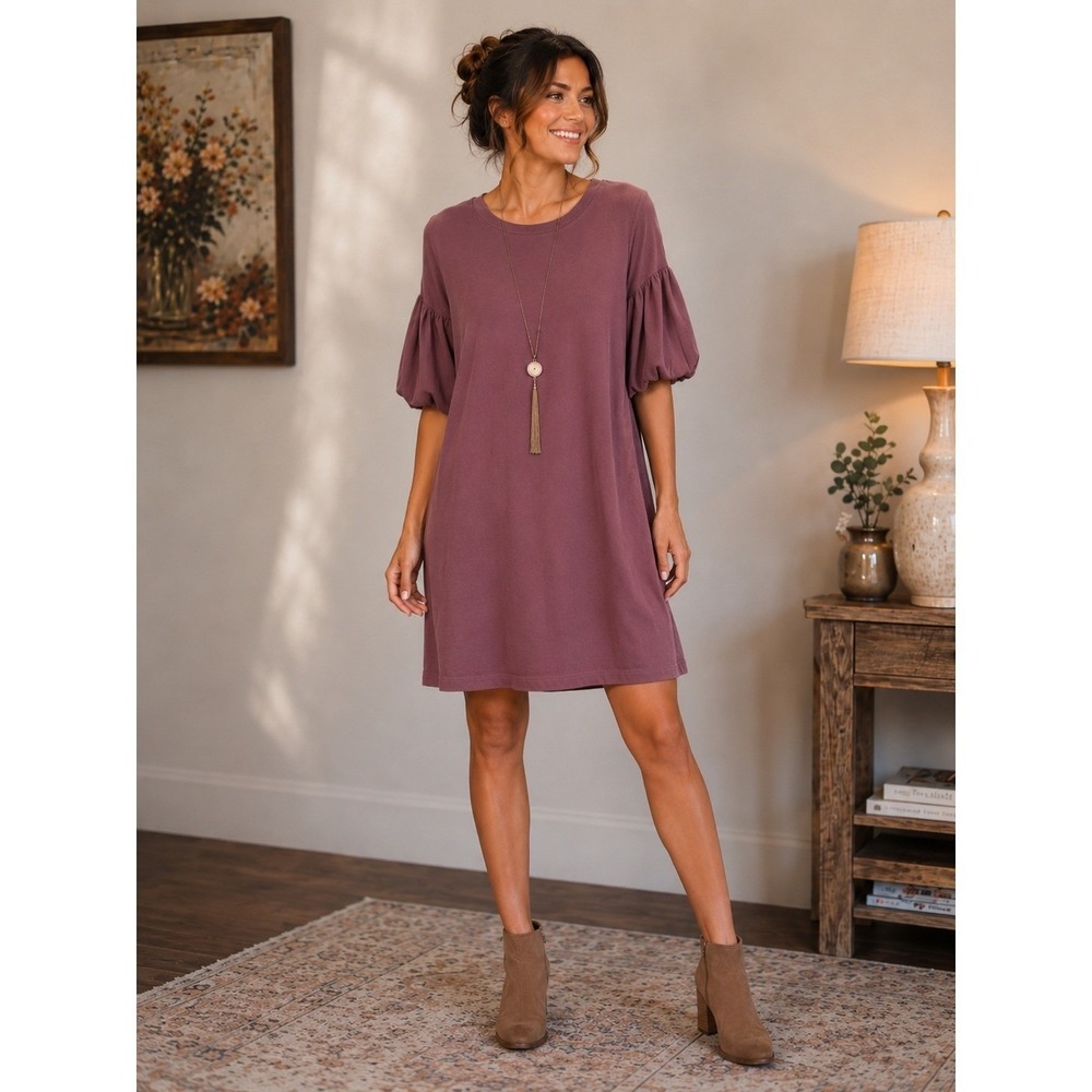 Alya Francesca's Mauve Puff Sleeve Shift T-Shirt Dress Medium NWT Granola